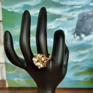Vintage gold plated genuine white pearl cluster statement large ring